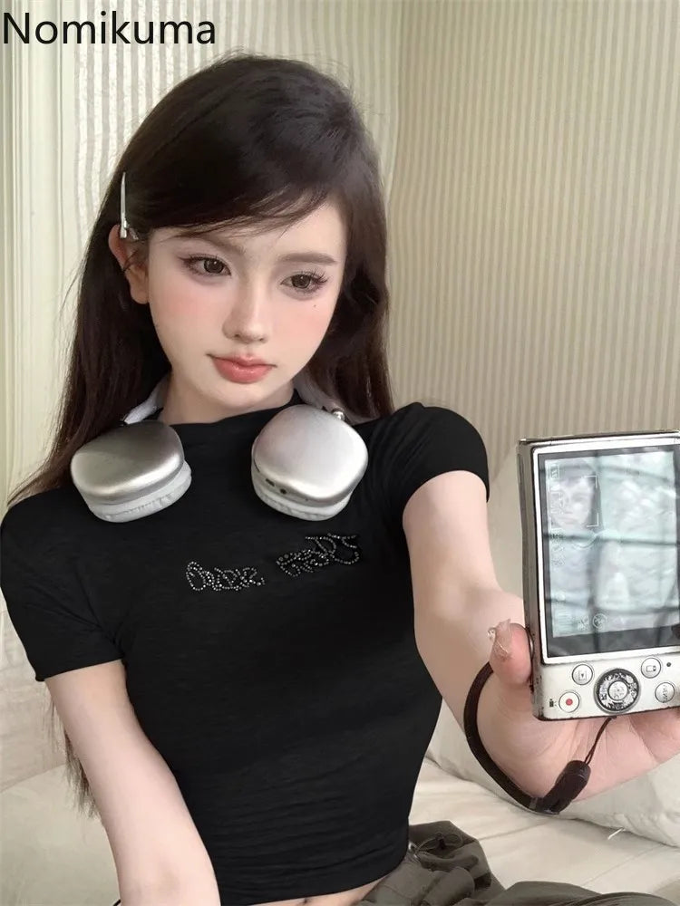 Diamond Y2k Tshirts 2025 Women Clothes High Collar Short Sleeve Summer Tees Fashion Slim Crop Tops Korean T Shirts Ropa Mujer
