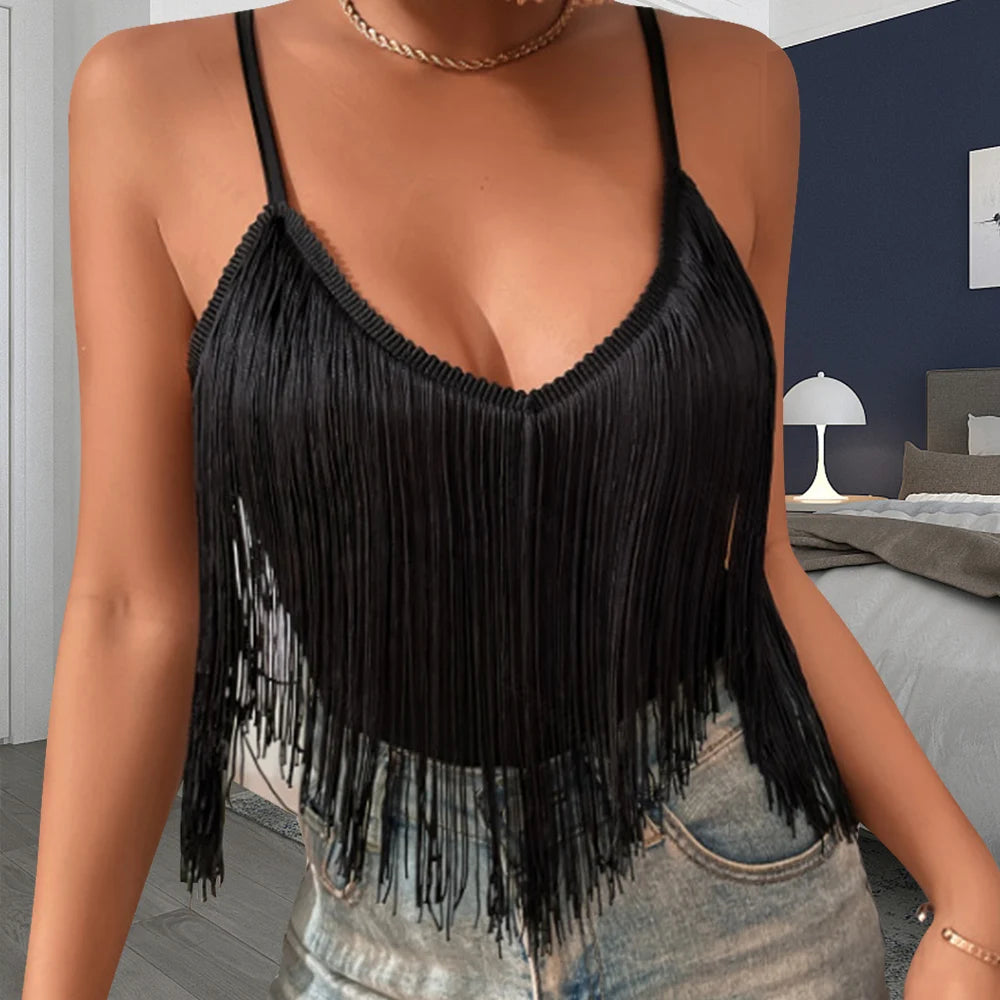 Sexy Tassels Women's Halter Crop Top Women Fashion Sleeveless Short T-shirt Top 2025 Summer Female Chic Street Tees Top