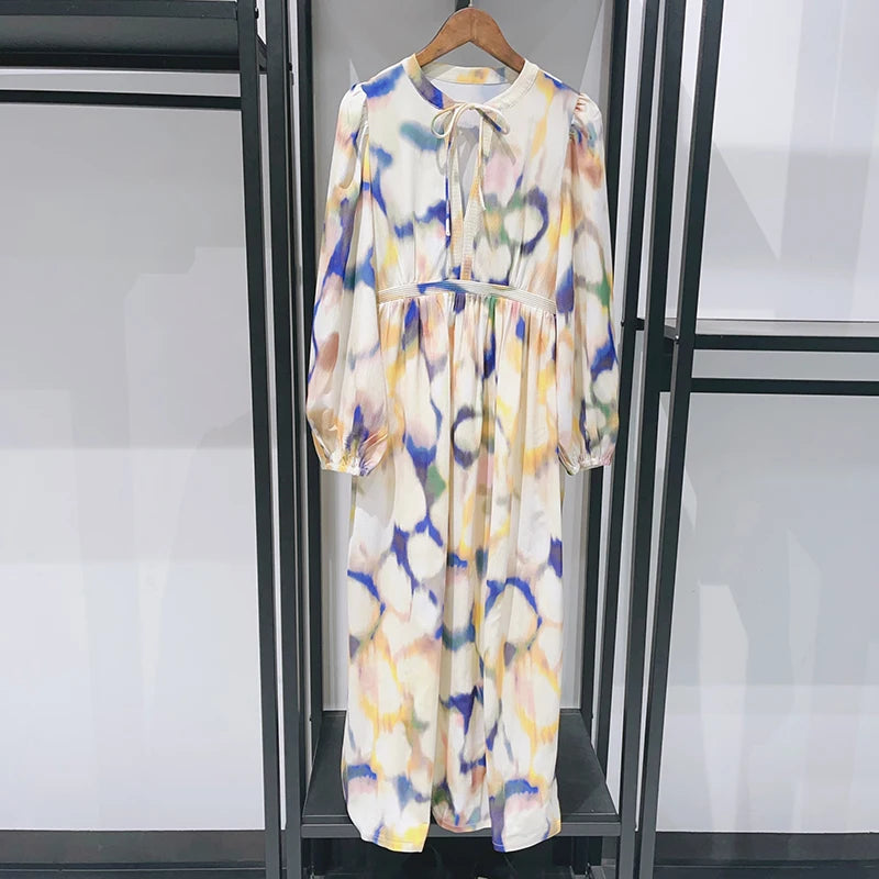 2025 New Color Rendering Women's Fashion Midi Dress Round Neck Strap Shirt Blouse or Long Pants Vintage Ladies Clothes