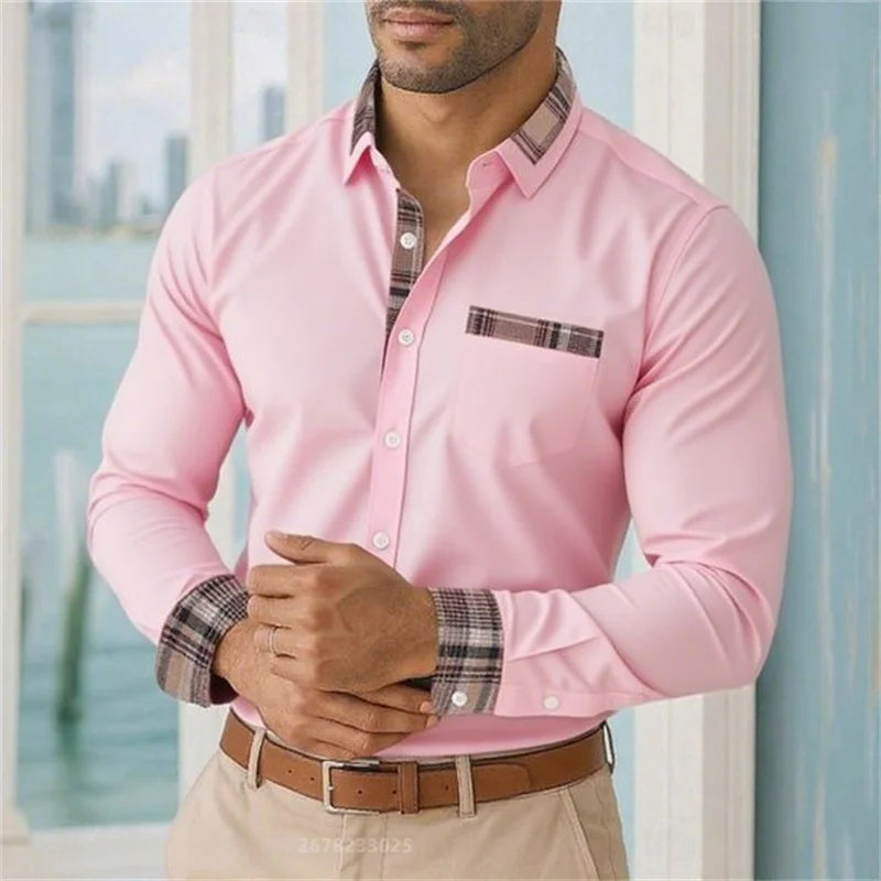 2025 men's lapel long-sleeved button-down casual shirt soft and comfortable daily vacation outdoor office high-quality tops