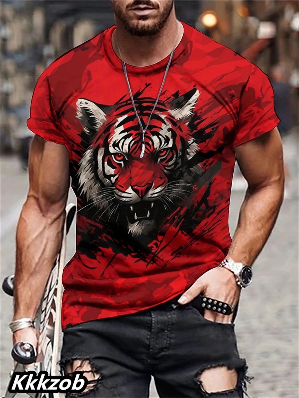 Mens Lion Print Short Sleeve Crew Neck T-Shirt Soft Breathable Casual Wear Outdoor Activities Summer Essential Clothing Tshirts