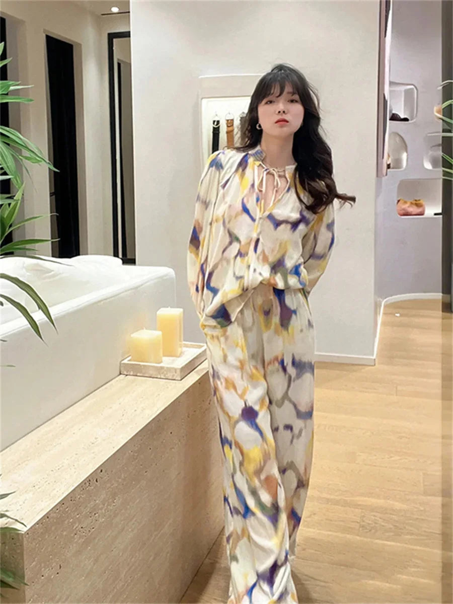 2025 New Color Rendering Women's Fashion Midi Dress Round Neck Strap Shirt Blouse or Long Pants Vintage Ladies Clothes