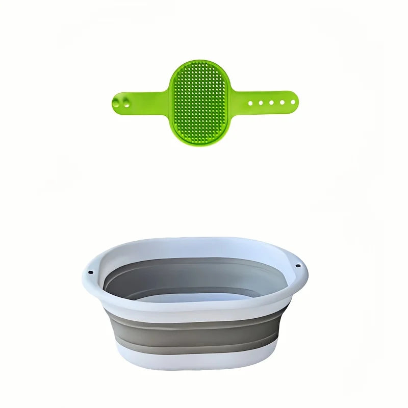 Portable pet folding bathtub + bath brush - Anti-slip, easy to store, gentle care, light beige color, suitable for dogs and cats