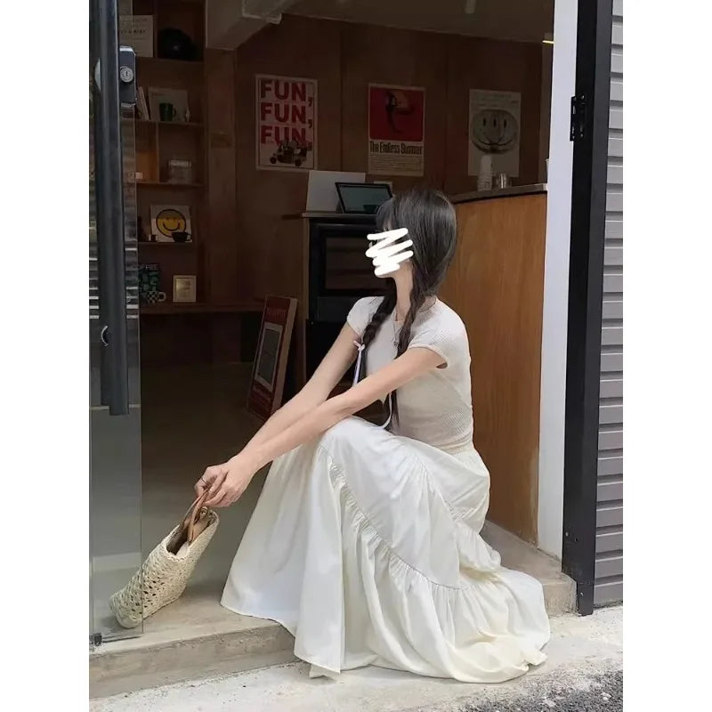 New Women Korean Tiered Maxi Skirt Elastic Waist Casual Solid Color A-line Faldas Mujer Holiday Streetwear Long Black Skirt