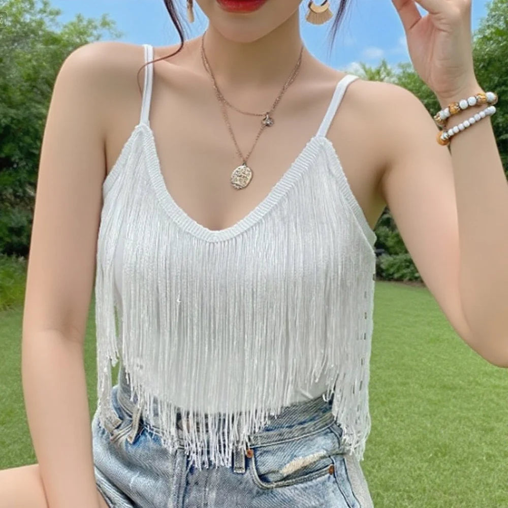 Sexy Tassels Women's Halter Crop Top Women Fashion Sleeveless Short T-shirt Top 2025 Summer Female Chic Street Tees Top