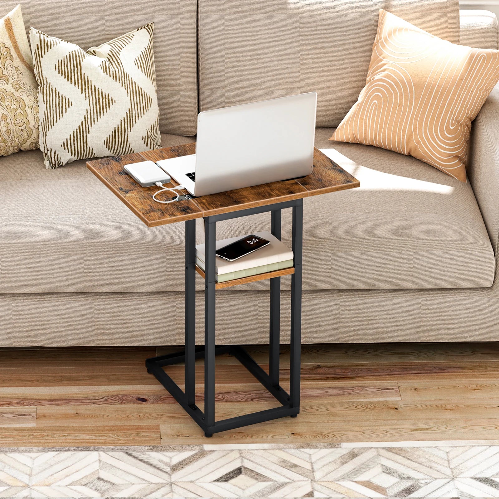 C Shaped Side Table, Foldable Sofa Side Table, Bedside Snack Table Laptop Holder Table for Sofa, Small Spaces Small Coffee Table