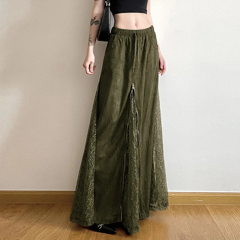 Women Vintage Suede Nap Lace Patchwork Hem Zip Long Skirt Cyber Y2K Chic Drawstring Pocket A-line Skirts Lady Grunge Streetwear