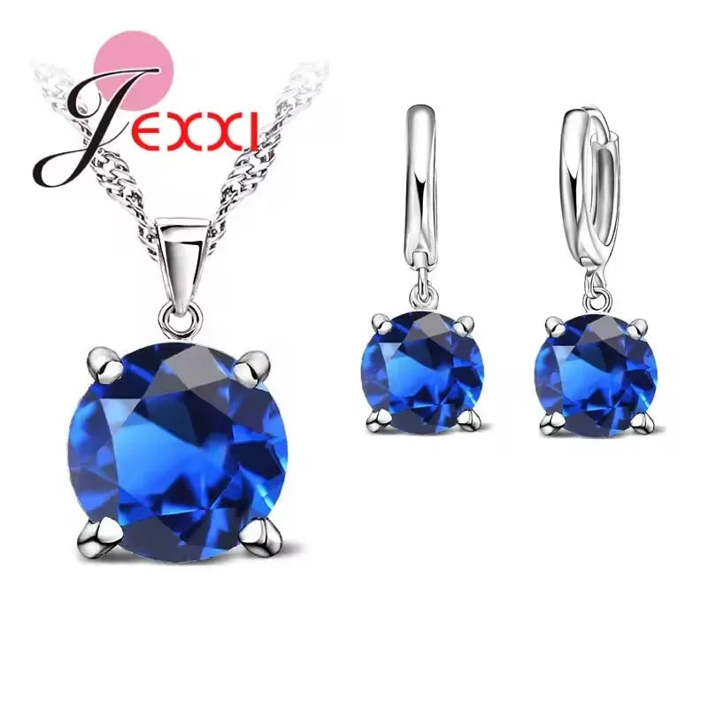 925 Sterling Silver Jewelry Sets 4 Claws Cubic Zirconia CZ Pendant Necklace Earring Fashion Jewelry For Women SET