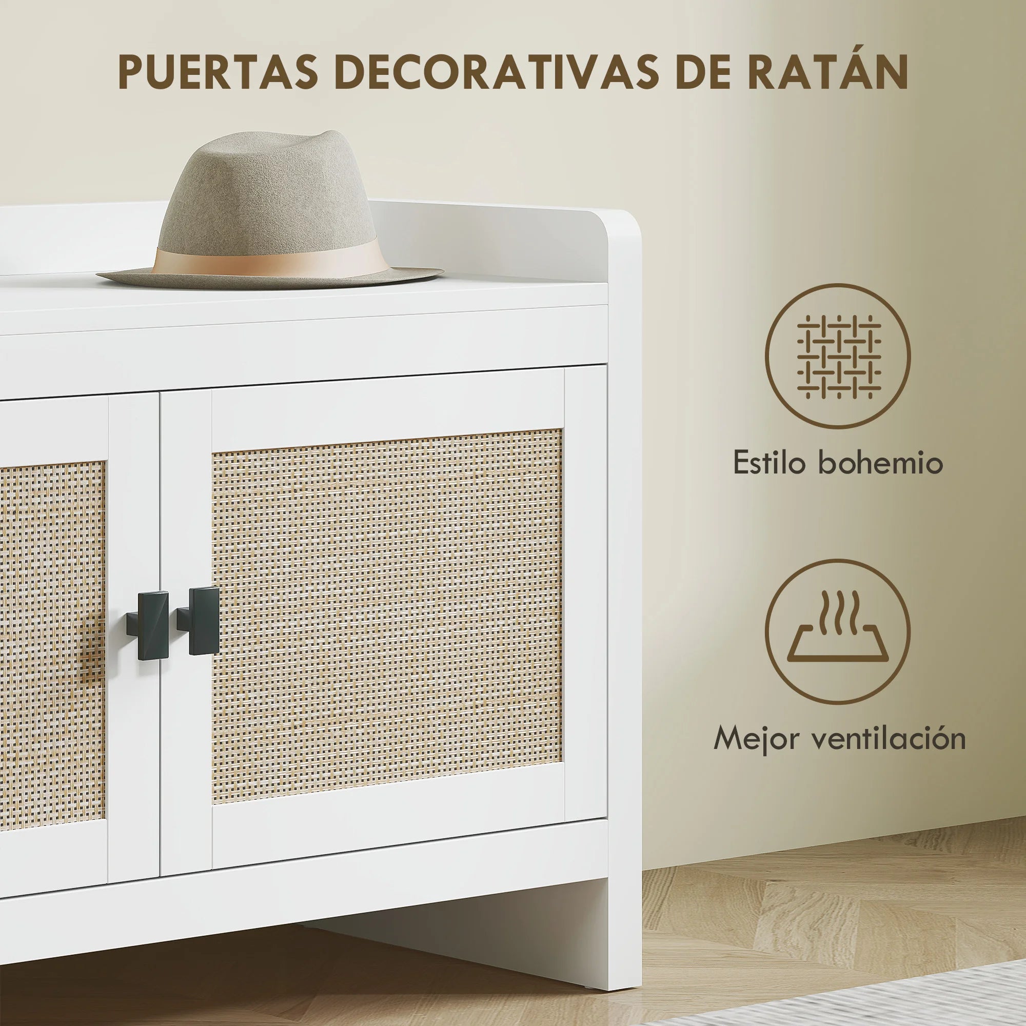 Homcom Shoe Bench with Rattan Front Doors Removable Shelf for Entryway or Bedroom 80X35X52 cm White and Beige