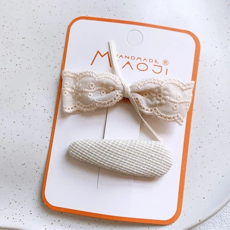 2PCS Sweet Little Girl Bowknot Hair Clips Solid Color Korean Mini Kids Embroidery Barrettes Princess Baby Clamp Hair Accessories