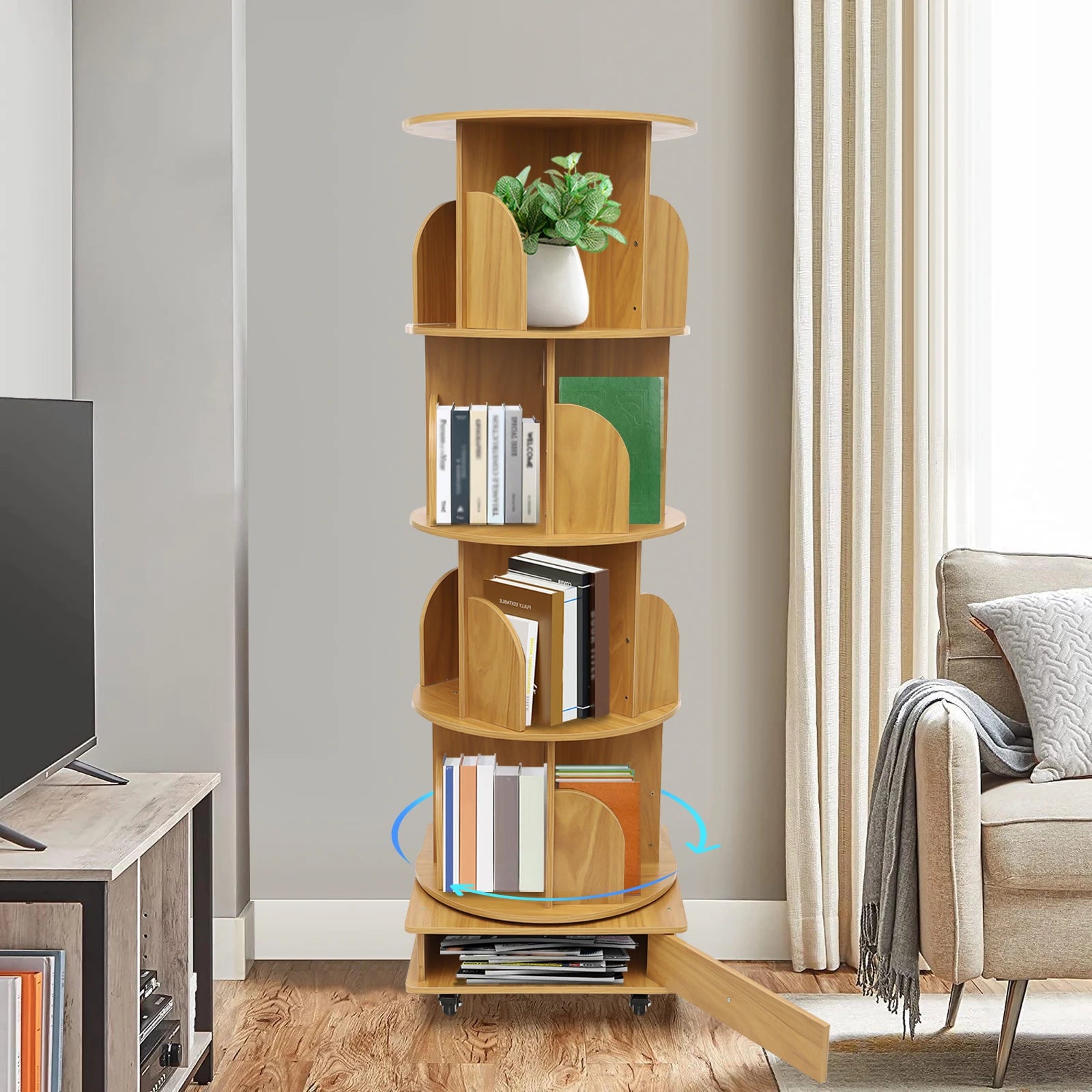 142cm Rotating Solid Wood Bookshelf with Drawer Multi-tier Bookshelf on Wheels 80-100 Books Capacity for Livingroom Balcony