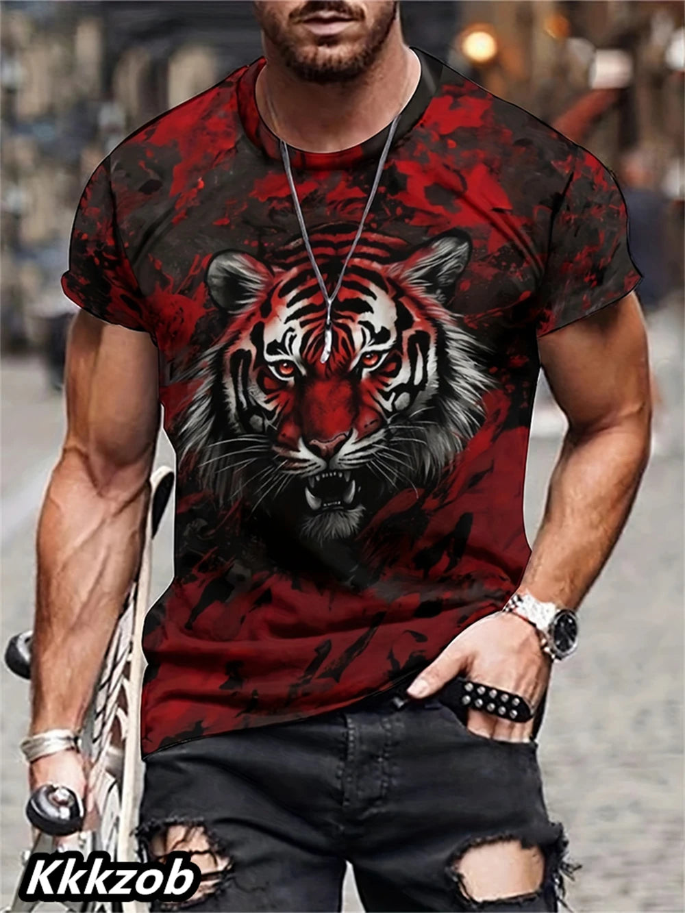 Mens Lion Print Short Sleeve Crew Neck T-Shirt Soft Breathable Casual Wear Outdoor Activities Summer Essential Clothing Tshirts