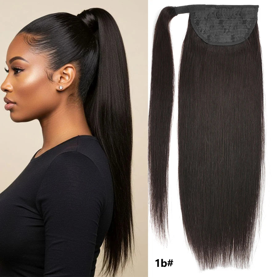 100% Human Hair Ponytail European Straight 120gram Wrap Around Clip In Pony Tail Machine Remy Hair 12-26 Inches For  Salon