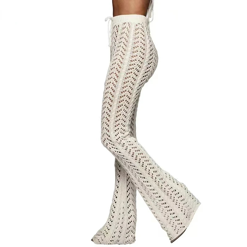 Hollow Out Knitted High Waist Sexy Women Pants Streetwear Crochet Y2k Wide Leg Pants Beach Cotton Casual Trouser Sweatpants