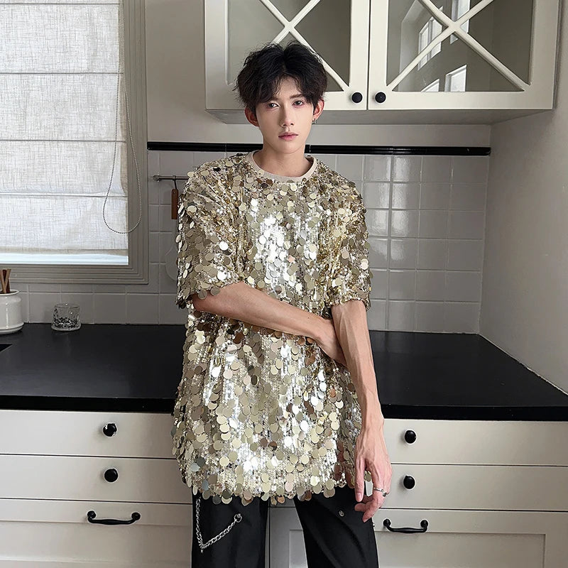 Sequin Short Sleeve T-shirts Men Streetwear Fashion Show Party Clothing Couple Unisex Tshirts Women Summer Tops Tees Shirts