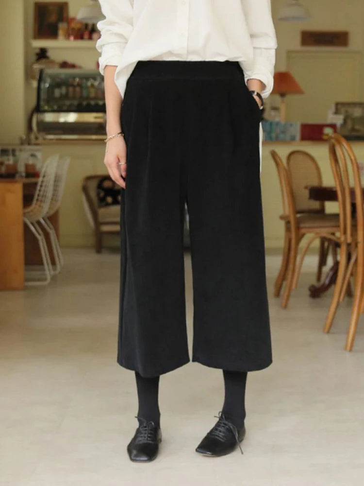 Women Retro Corduroy Calf Length Pants Loose Fall High Waist Vintage Wide Leg Trousers Casual Female Korean Pockets Elegant Pant