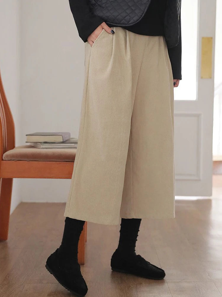 Women Retro Corduroy Calf Length Pants Loose Fall High Waist Vintage Wide Leg Trousers Casual Female Korean Pockets Elegant Pant