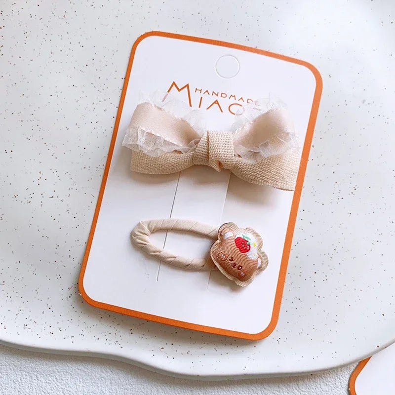 2PCS Sweet Little Girl Bowknot Hair Clips Solid Color Korean Mini Kids Embroidery Barrettes Princess Baby Clamp Hair Accessories