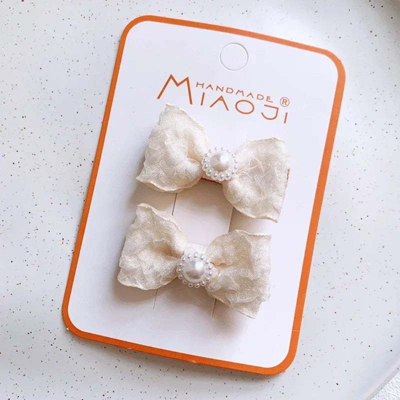 2PCS Sweet Little Girl Bowknot Hair Clips Solid Color Korean Mini Kids Embroidery Barrettes Princess Baby Clamp Hair Accessories