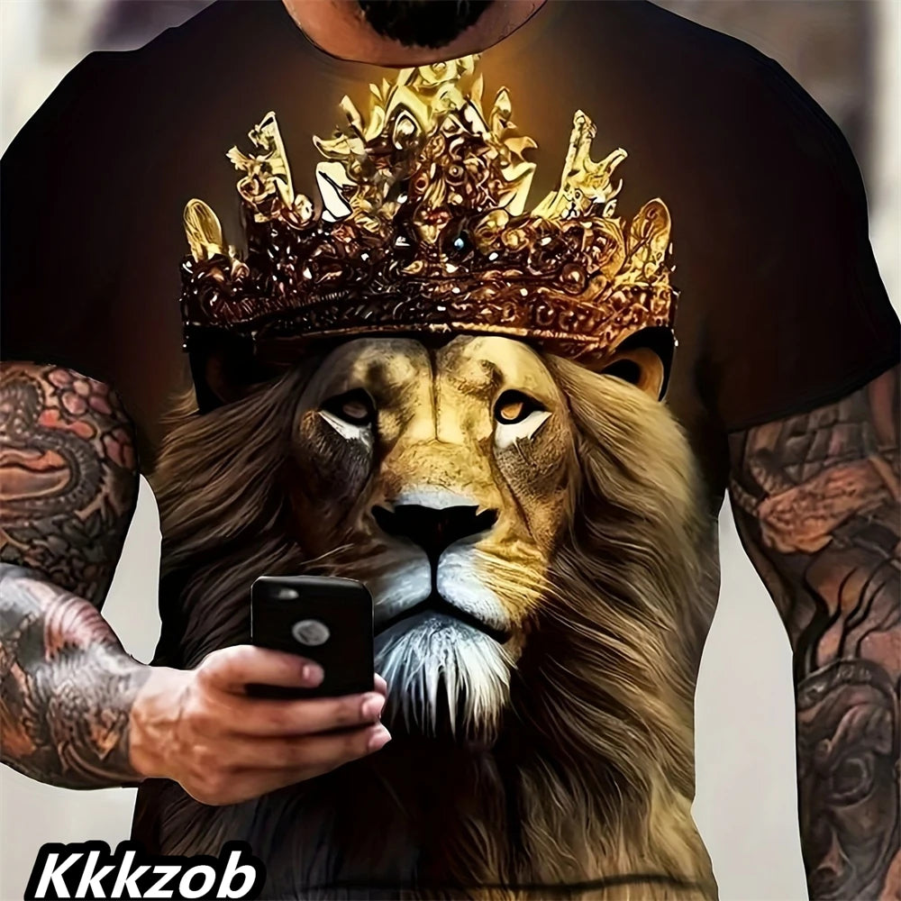 Mens Lion Print Short Sleeve Crew Neck T-Shirt Soft Breathable Casual Wear Outdoor Activities Summer Essential Clothing Tshirts