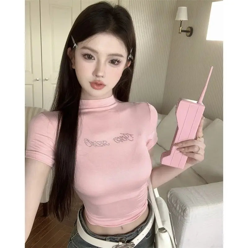 Diamond Y2k Tshirts 2025 Women Clothes High Collar Short Sleeve Summer Tees Fashion Slim Crop Tops Korean T Shirts Ropa Mujer
