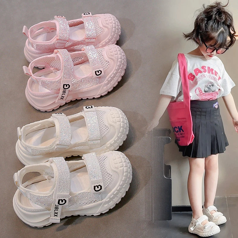 Summer Girls' Sports Sandals Comfortable and Soft Non-Slip and Breathable Outdoor Sports Sandals with Rhinestone Decorations