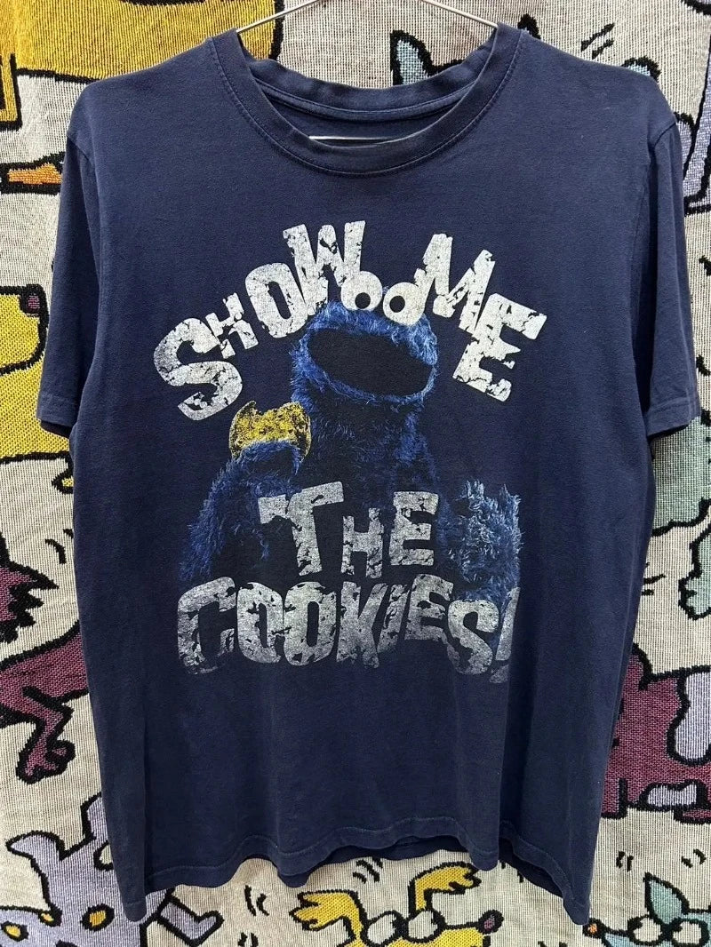 Men's T-shirt, Sesame Street,Sesame Street Cookie Monster Om Nom Face T-Shirt S-4XL, Royal Cotton Spring Summer