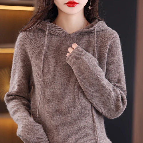 100% Merino Wool Women's Autumn Winter Casual Long Sleeve Soft Cashmere Knitted Hoodie Sweater Pullover Korean Female Clothing