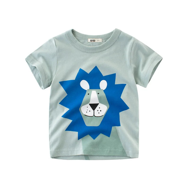 2025 Summer 2 3 4 5 6 8 10 Children's Clothing Dinosaur Car Stripe Print Short Sleeve Cotton Basic Tops Kids Boy Cartoon T-Shirt
