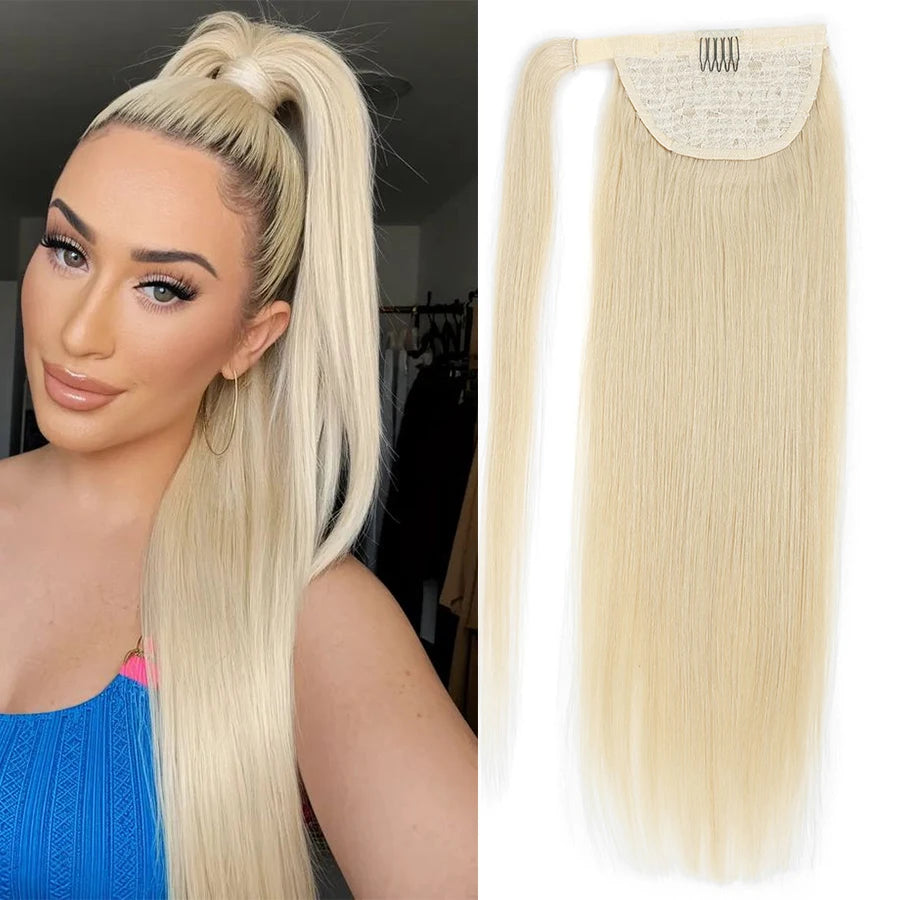 100% Human Hair Ponytail European Straight 120gram Wrap Around Clip In Pony Tail Machine Remy Hair 12-26 Inches For  Salon