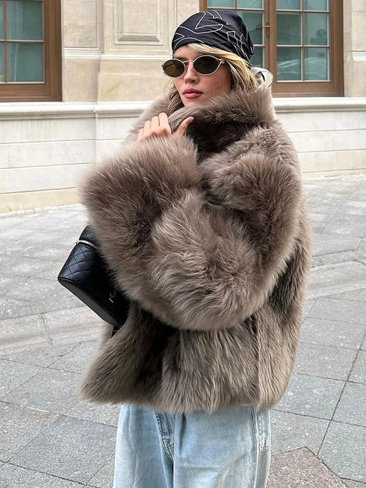 2025 Winter Women's Faux Fur Coats Fashion Stand Collar Short Jackets Warm Long Sleeve High Street Commute Lady Brown Outerwear
