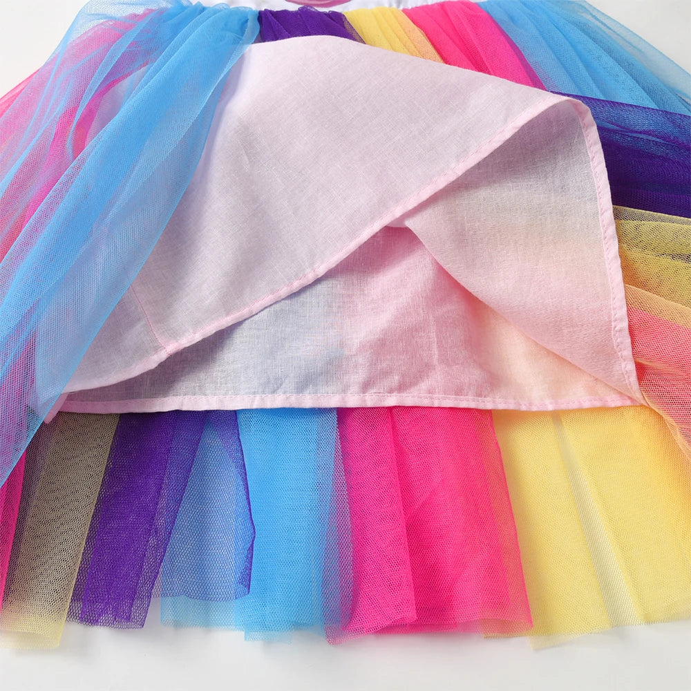 DXTON Sleeveless Summer Girls Dresses Ruffled Kids Princess Tutu Dress Patchwork Color Tulle Children Holiday Party Dress Clothe