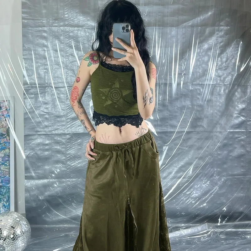 Women Vintage Suede Nap Lace Patchwork Hem Zip Long Skirt Cyber Y2K Chic Drawstring Pocket A-line Skirts Lady Grunge Streetwear