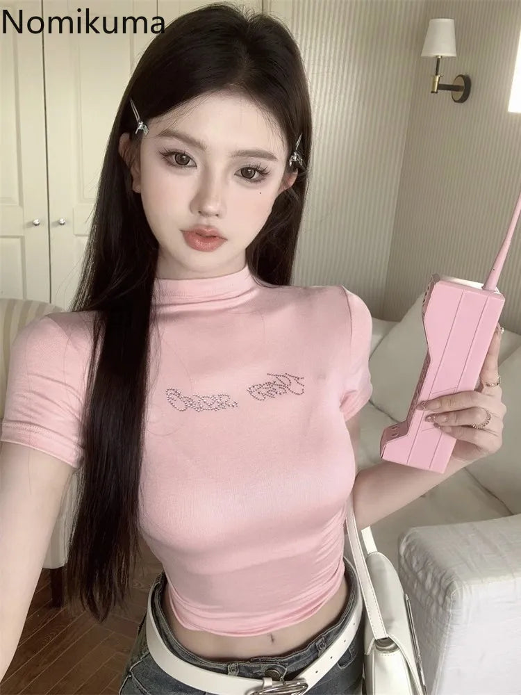 Diamond Y2k Tshirts 2025 Women Clothes High Collar Short Sleeve Summer Tees Fashion Slim Crop Tops Korean T Shirts Ropa Mujer