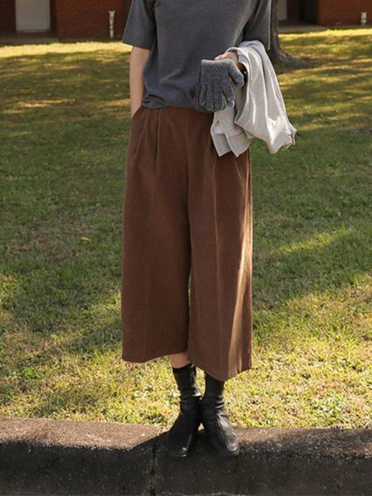 Women Retro Corduroy Calf Length Pants Loose Fall High Waist Vintage Wide Leg Trousers Casual Female Korean Pockets Elegant Pant