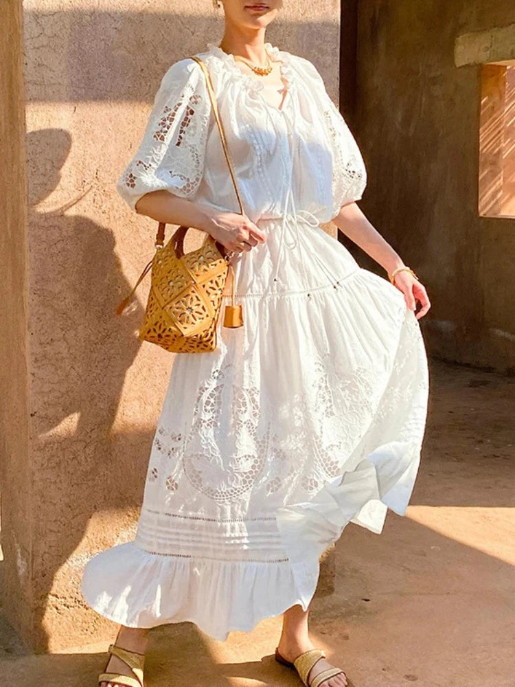 French Vacation Style Embroidered White Blouse & Lace Floral Midi Skirt Women Summer 100% Cotton Hollow-Out Two-Piece Dress Set