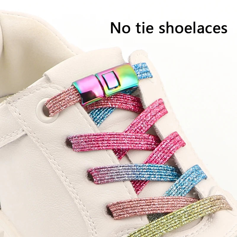 No Tie Shoelaces Flat Elastic Shoe Laces Candy Rainbow Gold Glitter Rubber Bands Cross Lock Shoelace for Sneakers Adults Kids