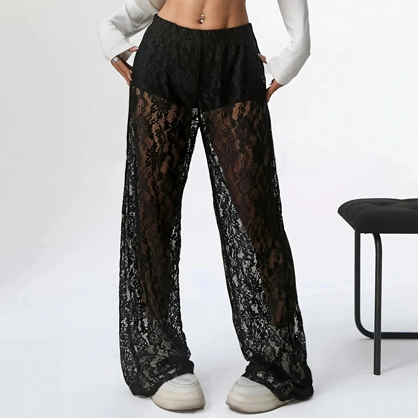 Black lace pants for spring and autumn fashionable personalized trendy slightly transparent straight leg pants