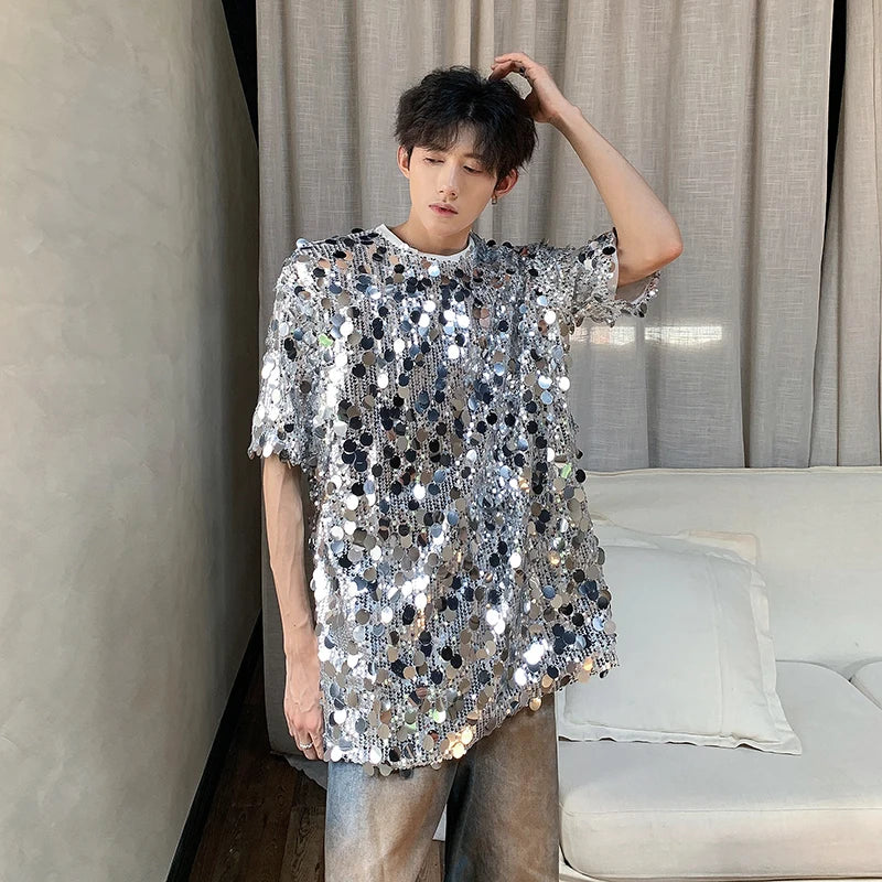 Sequin Short Sleeve T-shirts Men Streetwear Fashion Show Party Clothing Couple Unisex Tshirts Women Summer Tops Tees Shirts