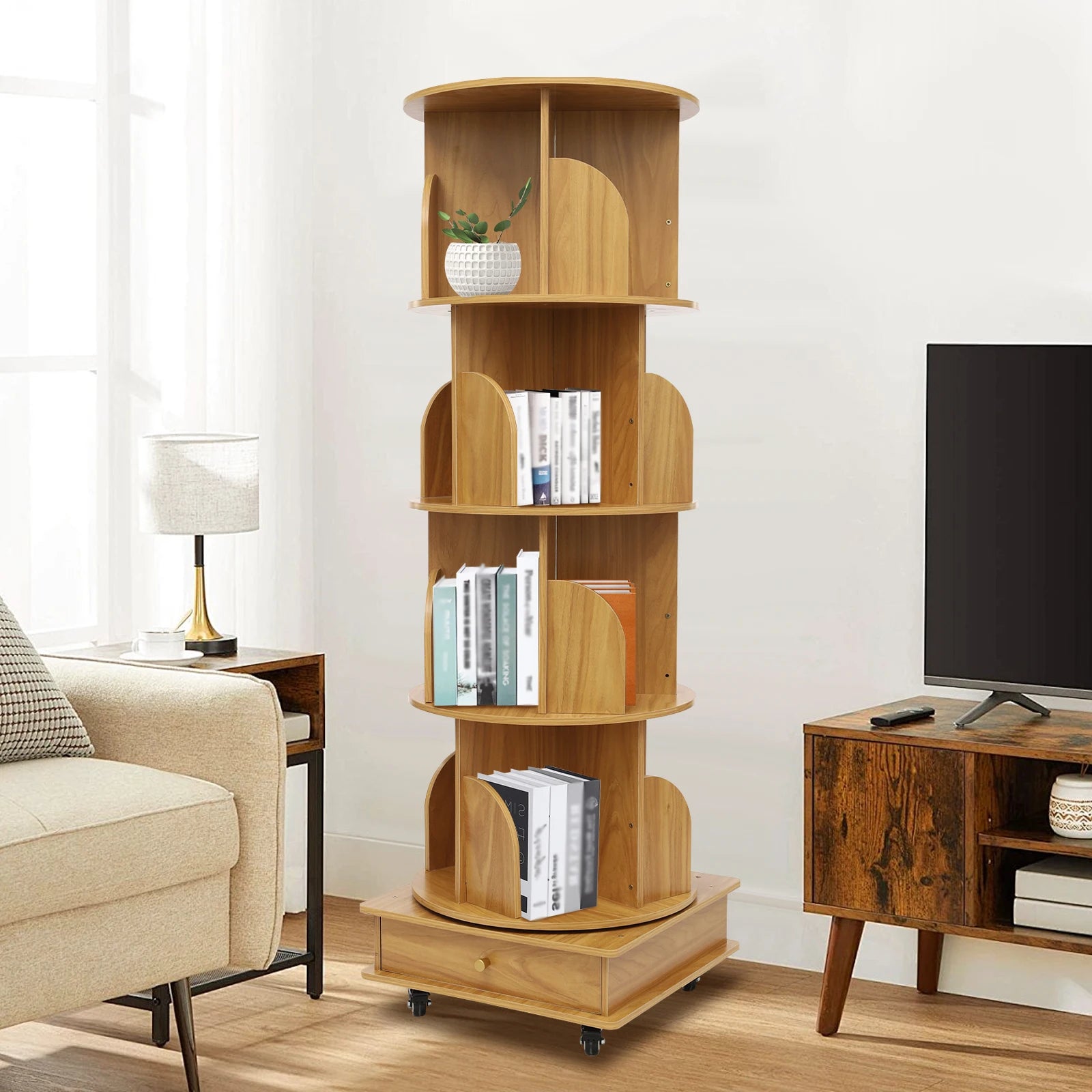 142cm Rotating Solid Wood Bookshelf with Drawer Multi-tier Bookshelf on Wheels 80-100 Books Capacity for Livingroom Balcony