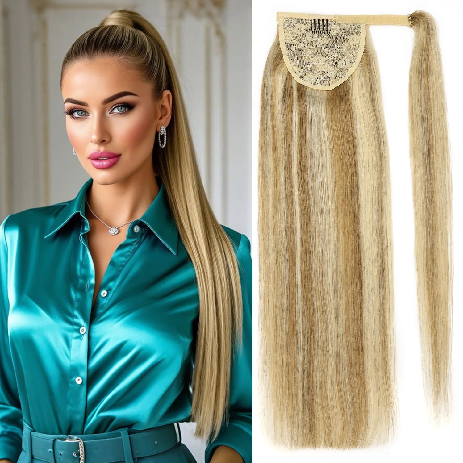 100% Human Hair Ponytail European Straight 120gram Wrap Around Clip In Pony Tail Machine Remy Hair 12-26 Inches For  Salon
