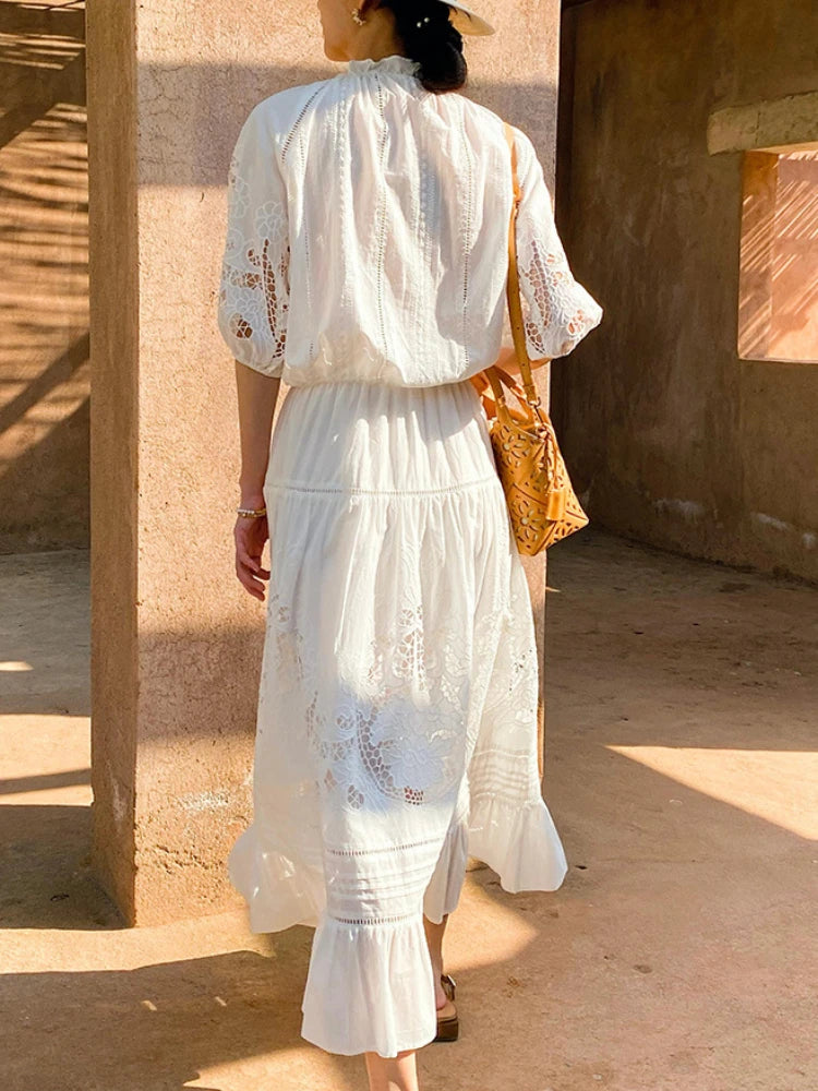 French Vacation Style Embroidered White Blouse & Lace Floral Midi Skirt Women Summer 100% Cotton Hollow-Out Two-Piece Dress Set