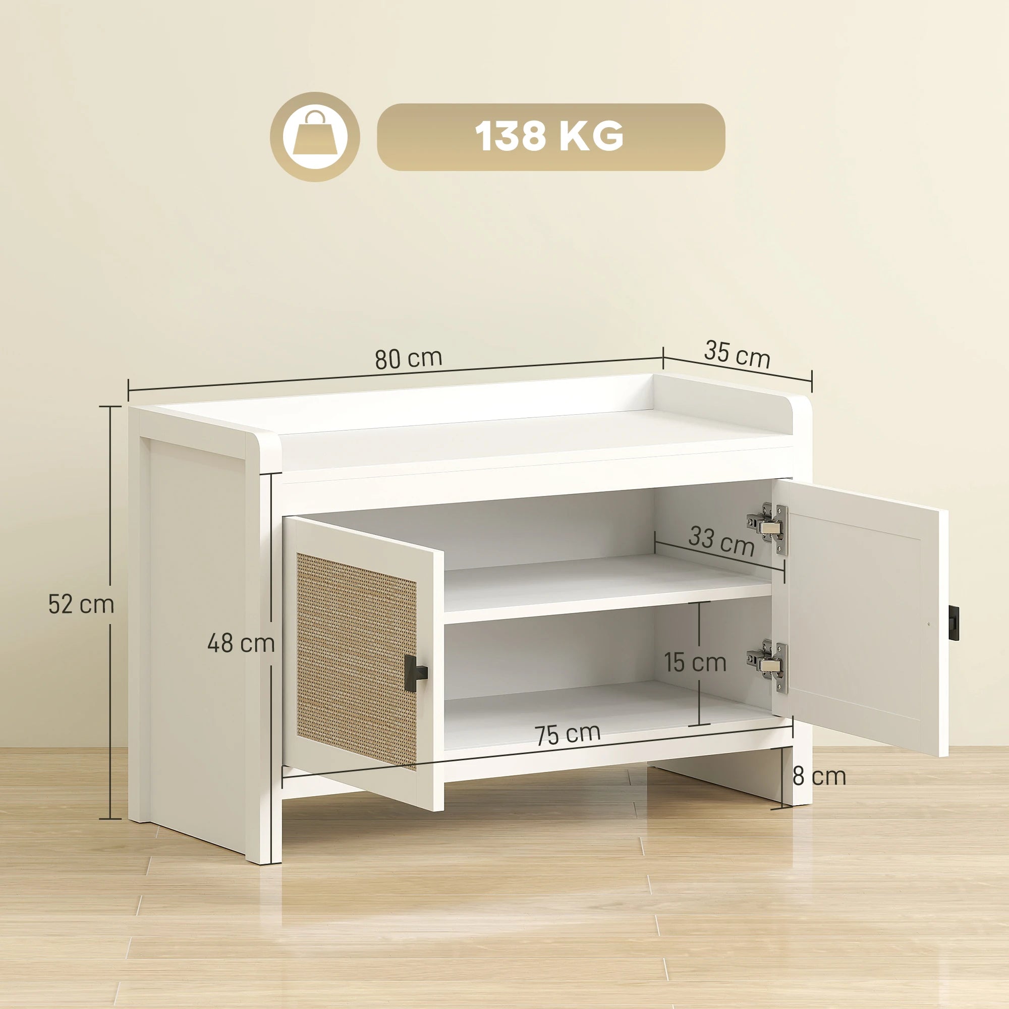 Homcom Shoe Bench with Rattan Front Doors Removable Shelf for Entryway or Bedroom 80X35X52 cm White and Beige