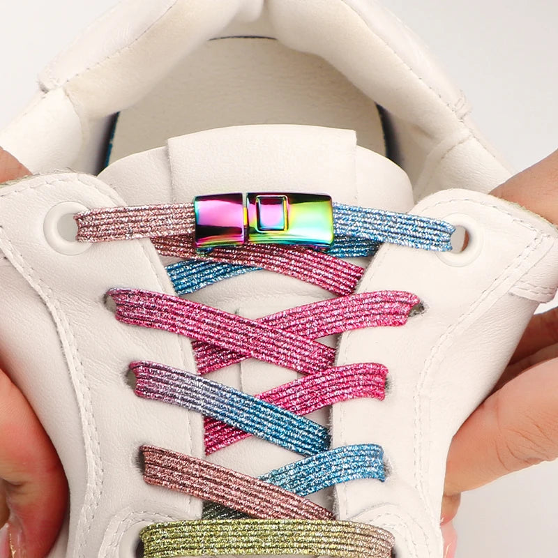 No Tie Shoelaces Flat Elastic Shoe Laces Candy Rainbow Gold Glitter Rubber Bands Cross Lock Shoelace for Sneakers Adults Kids