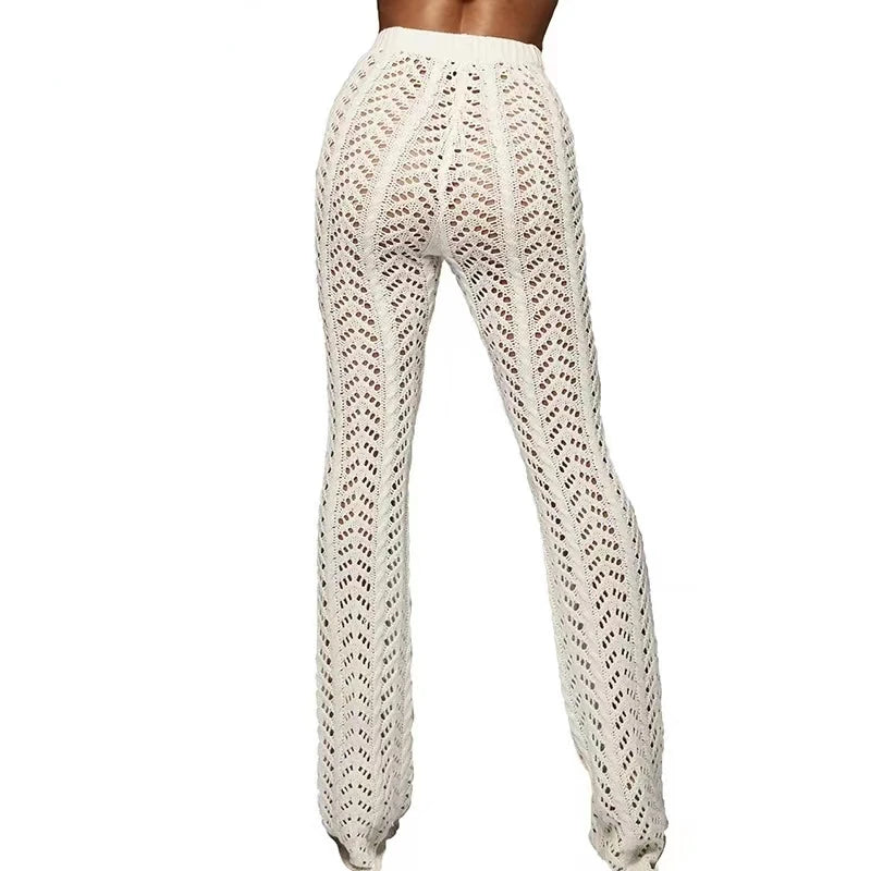 Hollow Out Knitted High Waist Sexy Women Pants Streetwear Crochet Y2k Wide Leg Pants Beach Cotton Casual Trouser Sweatpants