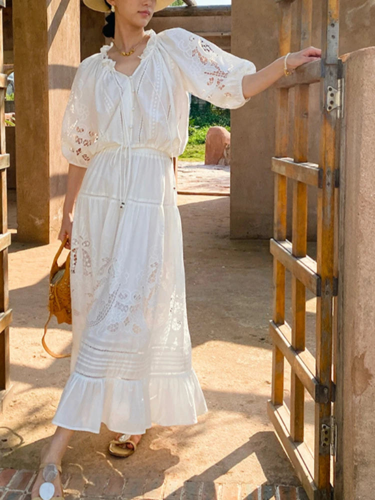 French Vacation Style Embroidered White Blouse & Lace Floral Midi Skirt Women Summer 100% Cotton Hollow-Out Two-Piece Dress Set