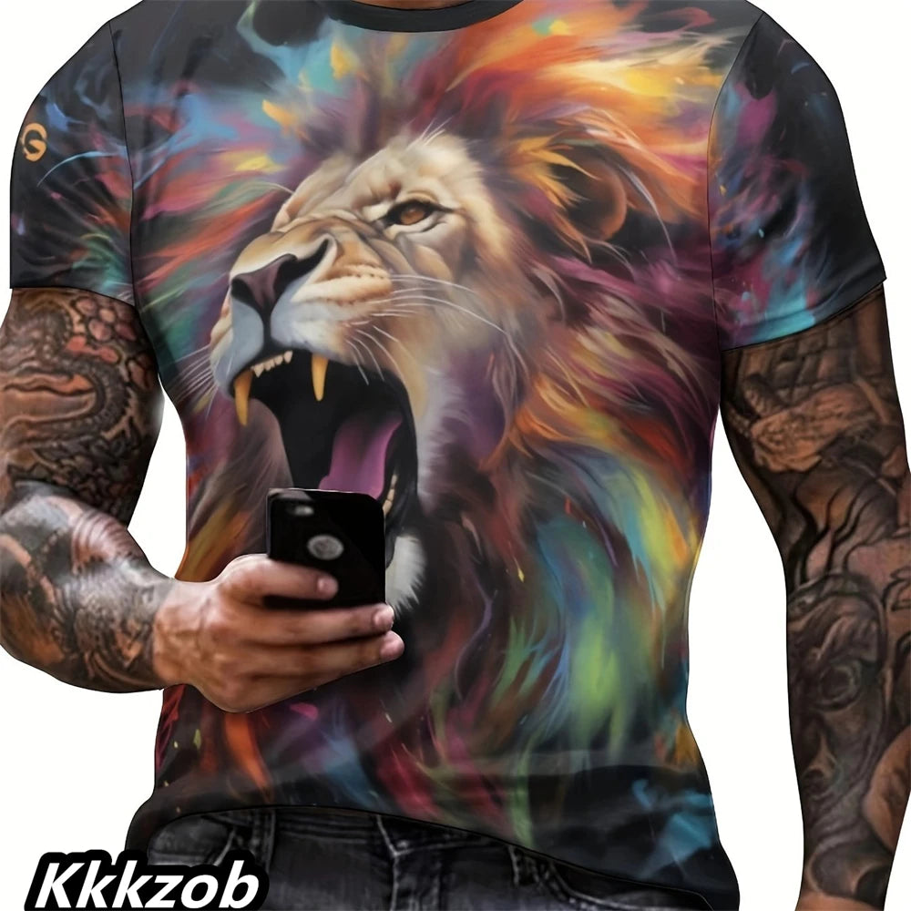 Mens Lion Print Short Sleeve Crew Neck T-Shirt Soft Breathable Casual Wear Outdoor Activities Summer Essential Clothing Tshirts
