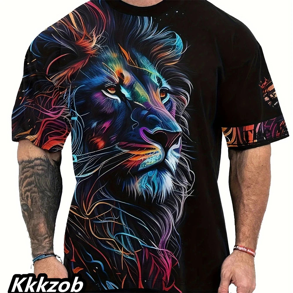 Mens Lion Print Short Sleeve Crew Neck T-Shirt Soft Breathable Casual Wear Outdoor Activities Summer Essential Clothing Tshirts