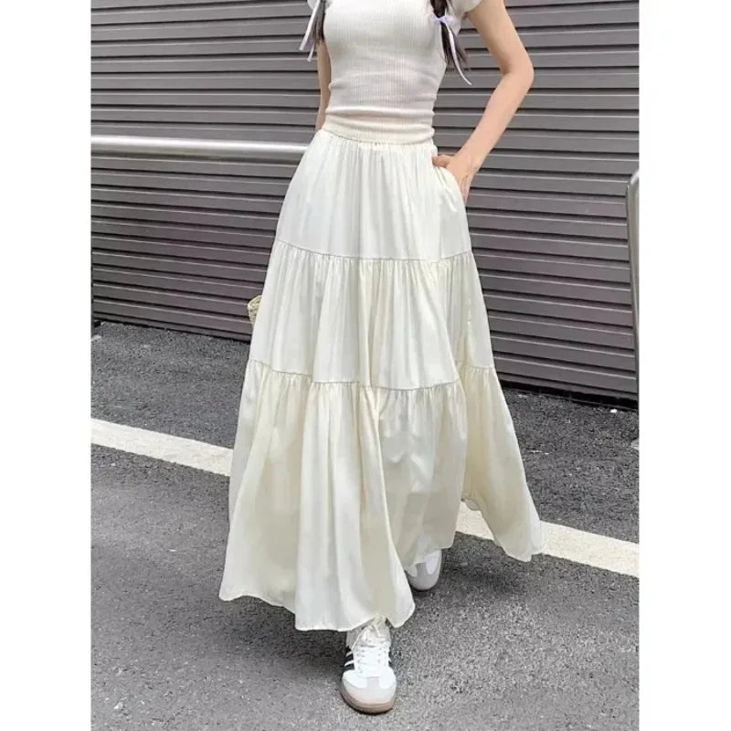 New Women Korean Tiered Maxi Skirt Elastic Waist Casual Solid Color A-line Faldas Mujer Holiday Streetwear Long Black Skirt
