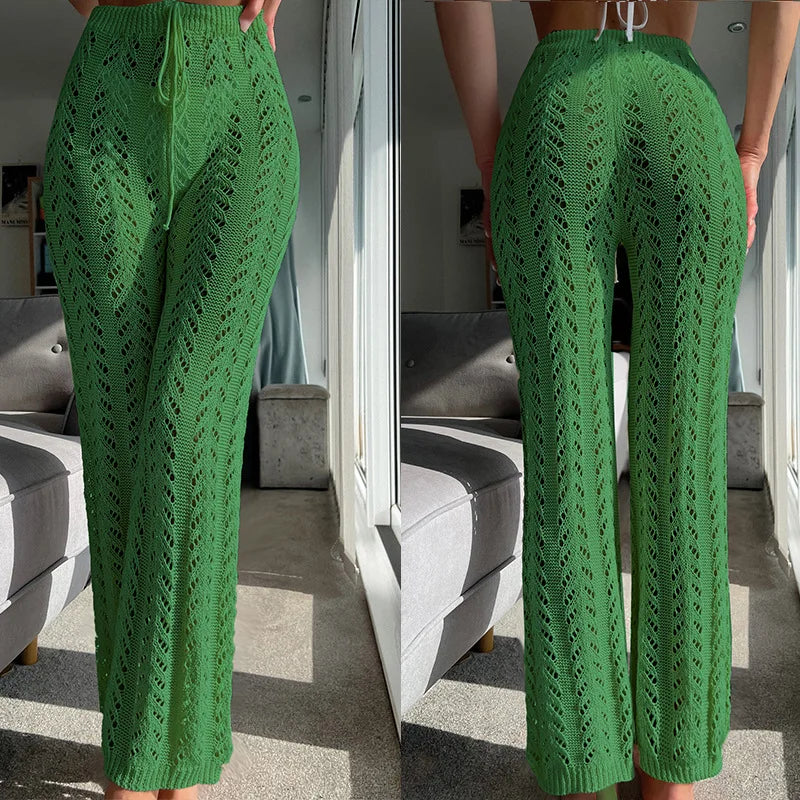 Hollow Out Knitted High Waist Sexy Women Pants Streetwear Crochet Y2k Wide Leg Pants Beach Cotton Casual Trouser Sweatpants